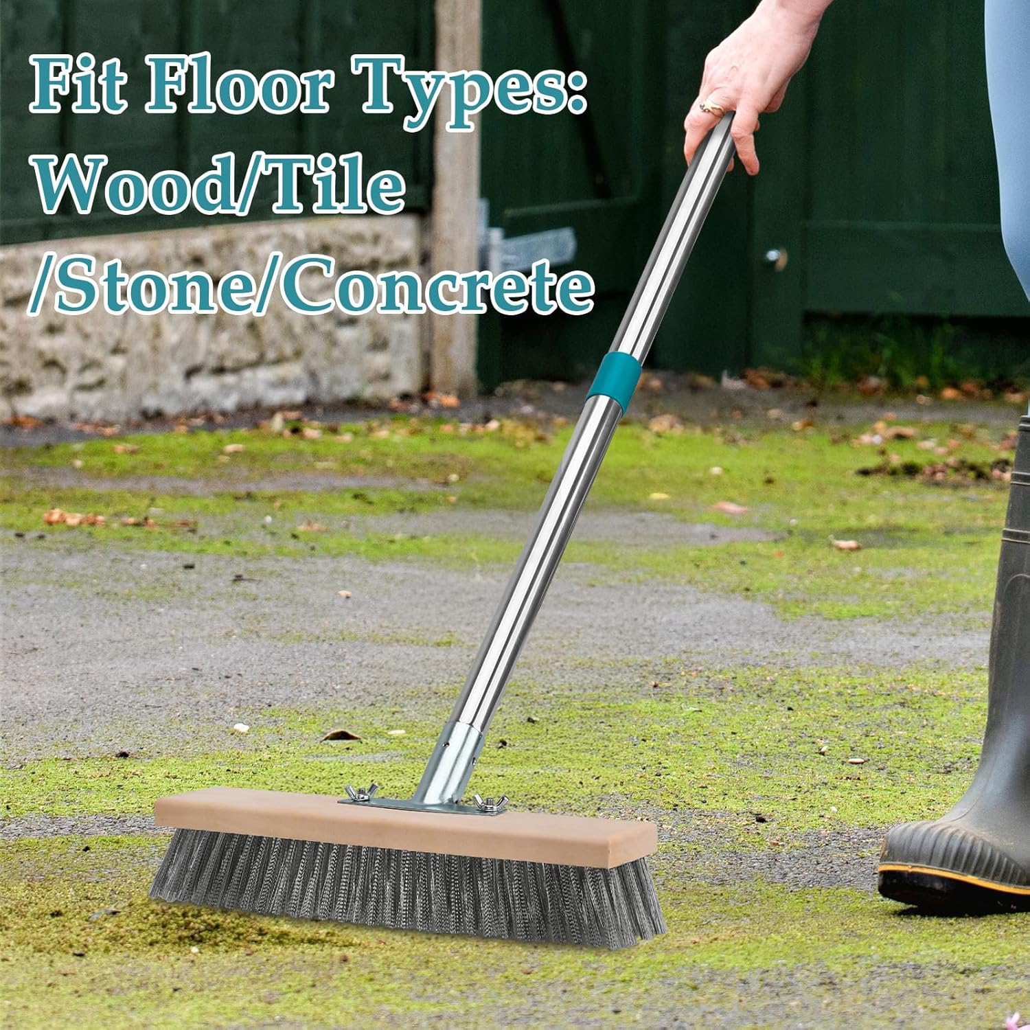 Stainless Steel Deck Scrub Brush with Long Handle, Outdoor Broom for Concrete, Deck, Patio Floor Cleaning, 53" Long Handled Heavy Duty Floor Scrubber for Outdoor Moss Removal