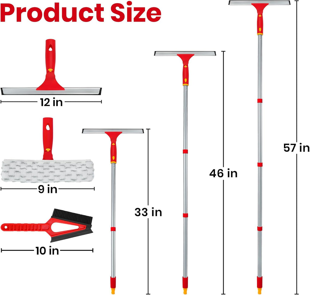 Window Cleaning Kit with Rotatable Squeegee and Microfiber Scrubber Window Cleaner Tool, 57" Long Handle Window Cleaner for Car, Shower, Indoor & Outdoor Glass Door