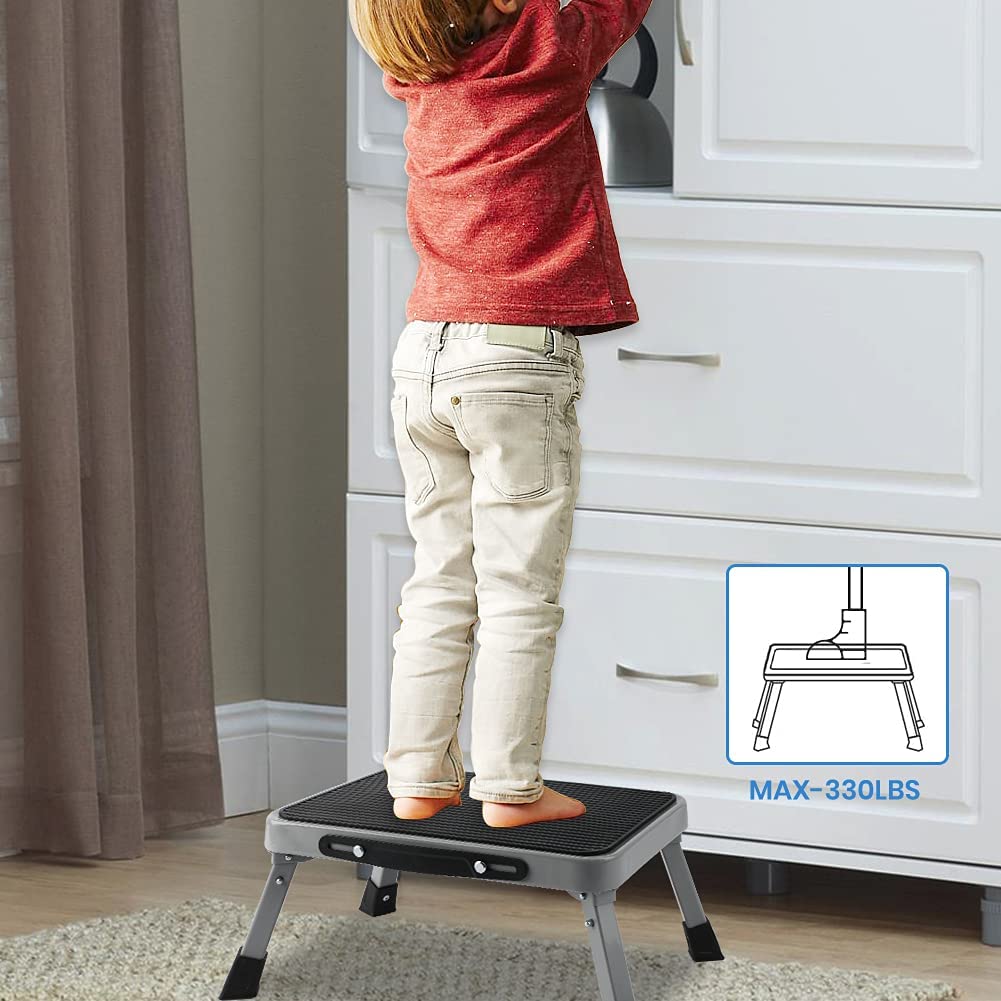 1-Step 330lbs Capacity Folding Metal Step Stool, Portable Step Ladder, Non-Slip, Sturdy