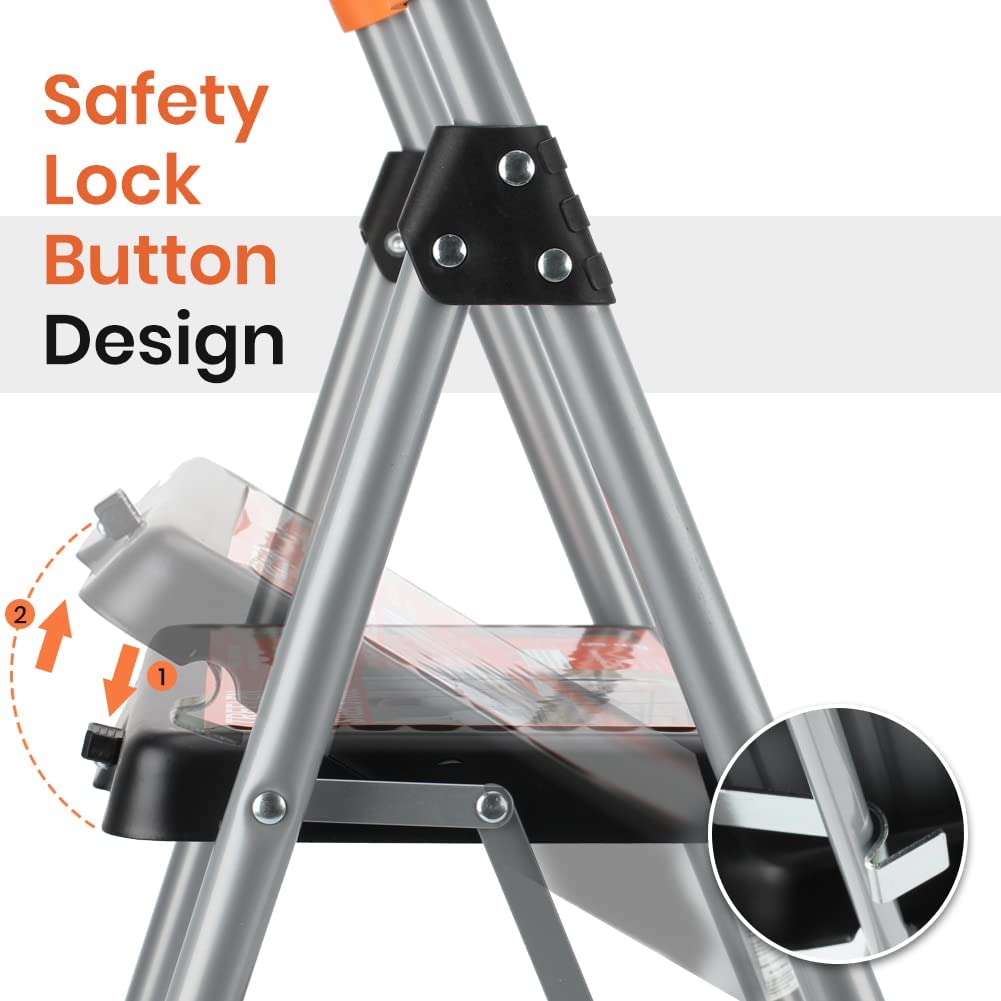 2-Step Ladder, 330lbs Capacity Folding Metal Step Stool for Adults, Portable Step Ladder, Anti-Slip, Sturdy （New Color）