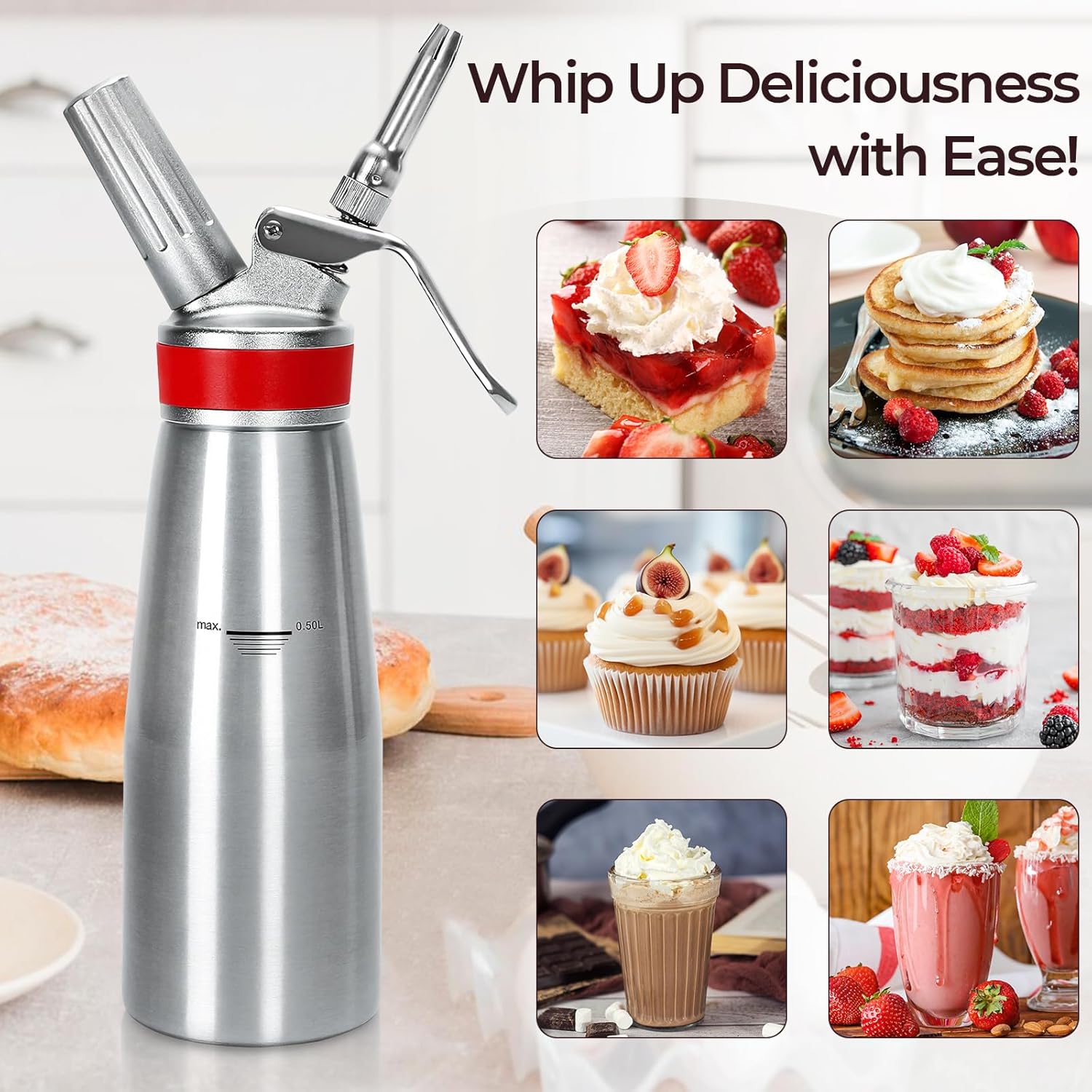 Whipped Cream Dispenser Professional Whip Cream Canister Whipped Cream Maker with 3 Decorating Stainless Nozzles (Aluminum)