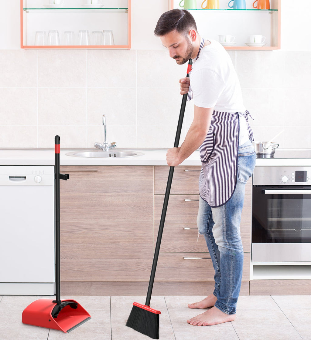 SONCAL Broom and Dustpan Set，Extendable 52" Brooms for Sweeping Indoor Broom with Dustpan Combo Set for Home Kitchen Office Lobby Floor Standing Dust Pan-Red&Black