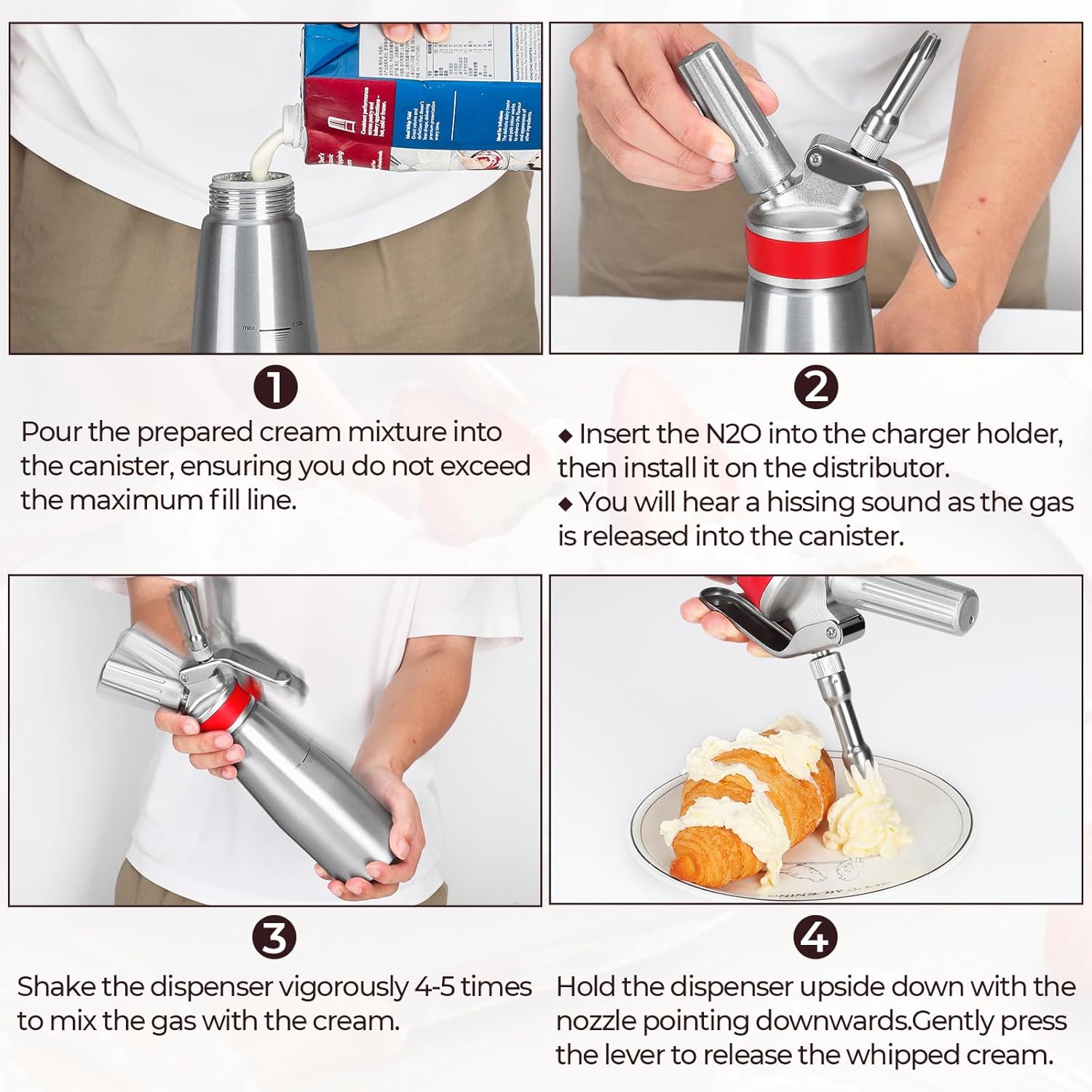 Whipped Cream Dispenser Professional Whip Cream Canister Whipped Cream Maker with 3 Decorating Stainless Nozzles (Aluminum)