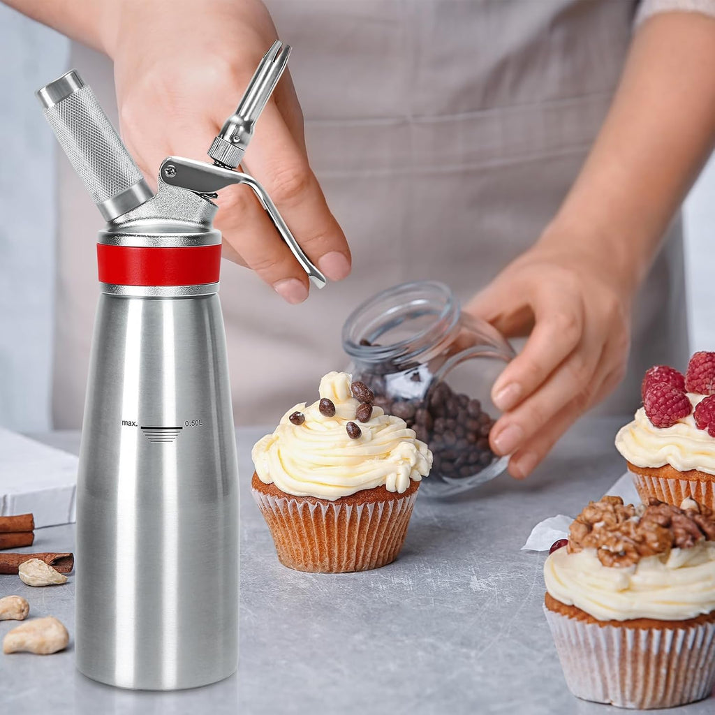 Stainless Steel Whipped Cream Dispenser Professional Whip Cream Canister Whipped Cream Maker With 3 Decorating Stainless Nozzles - N2o Chargers (Not Included) (Stainless Steel)