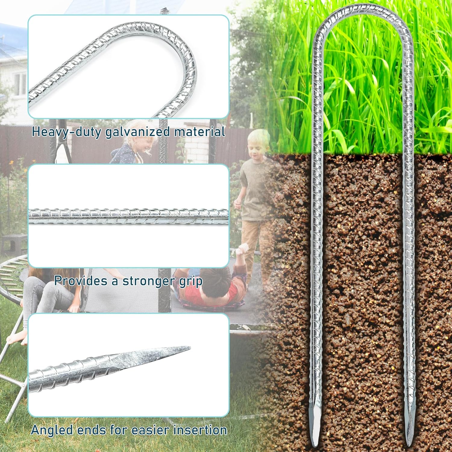 Trampoline Stakes, Trampoline Anchors High Wind 12inch Trampoline Ground Anchors Heavy Duty Ground Stakes Galvanized Steel Trampoline Accessories