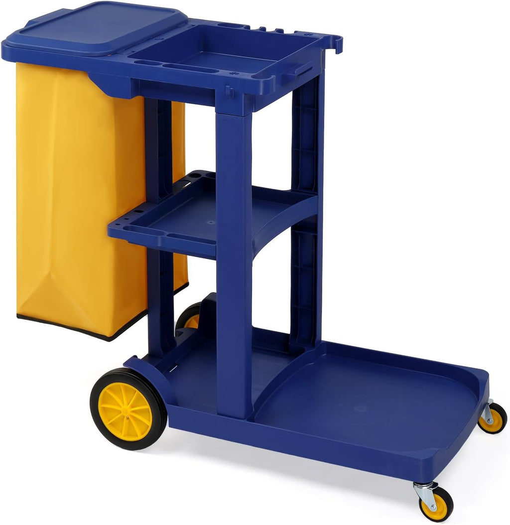 Treelen Commercial Traditional Cleaning 3-Shelf Janitorial Cart, 500 Lbs Capacity Housekeeping Cart, Wheeled with Yellow VinylBag and Cover w Lid, Blue