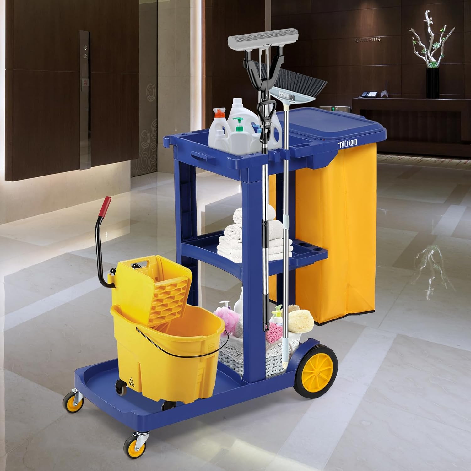 Treelen Commercial Traditional Cleaning 3-Shelf Janitorial Cart, 500 Lbs Capacity Housekeeping Cart, Wheeled with Yellow VinylBag and Cover w Lid, Blue