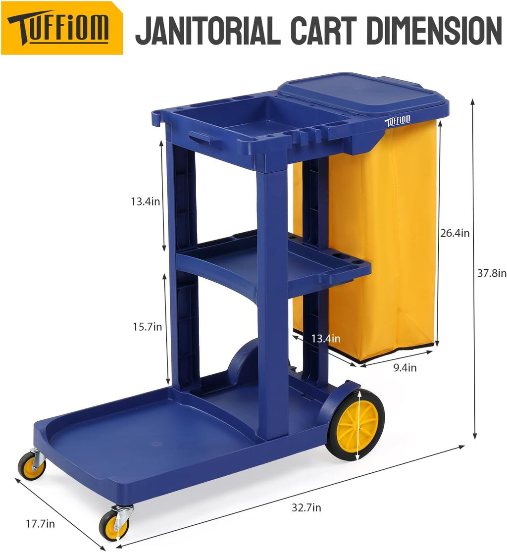 Treelen Commercial Traditional Cleaning 3-Shelf Janitorial Cart, 500 Lbs Capacity Housekeeping Cart, Wheeled with Yellow VinylBag and Cover w Lid, Blue