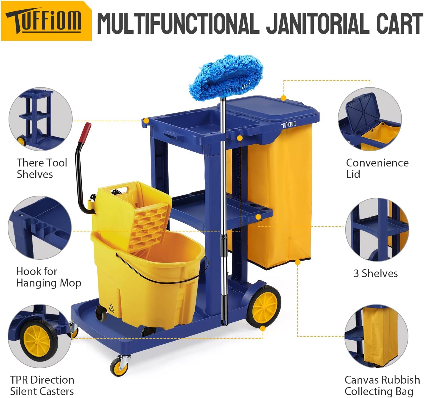 Treelen Commercial Traditional Cleaning 3-Shelf Janitorial Cart, 500 Lbs Capacity Housekeeping Cart, Wheeled with Yellow VinylBag and Cover w Lid, Blue