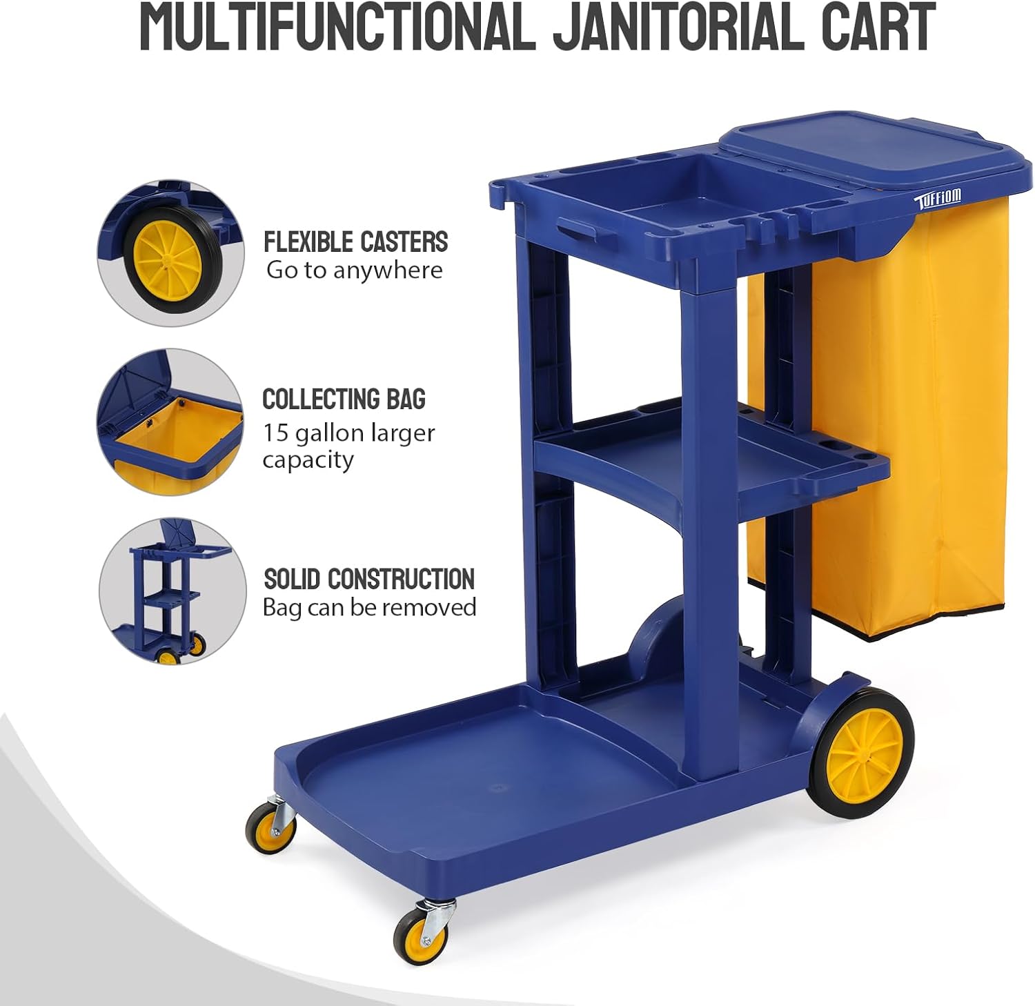 Treelen Commercial Traditional Cleaning 3-Shelf Janitorial Cart, 500 Lbs Capacity Housekeeping Cart, Wheeled with Yellow VinylBag and Cover w Lid, Blue