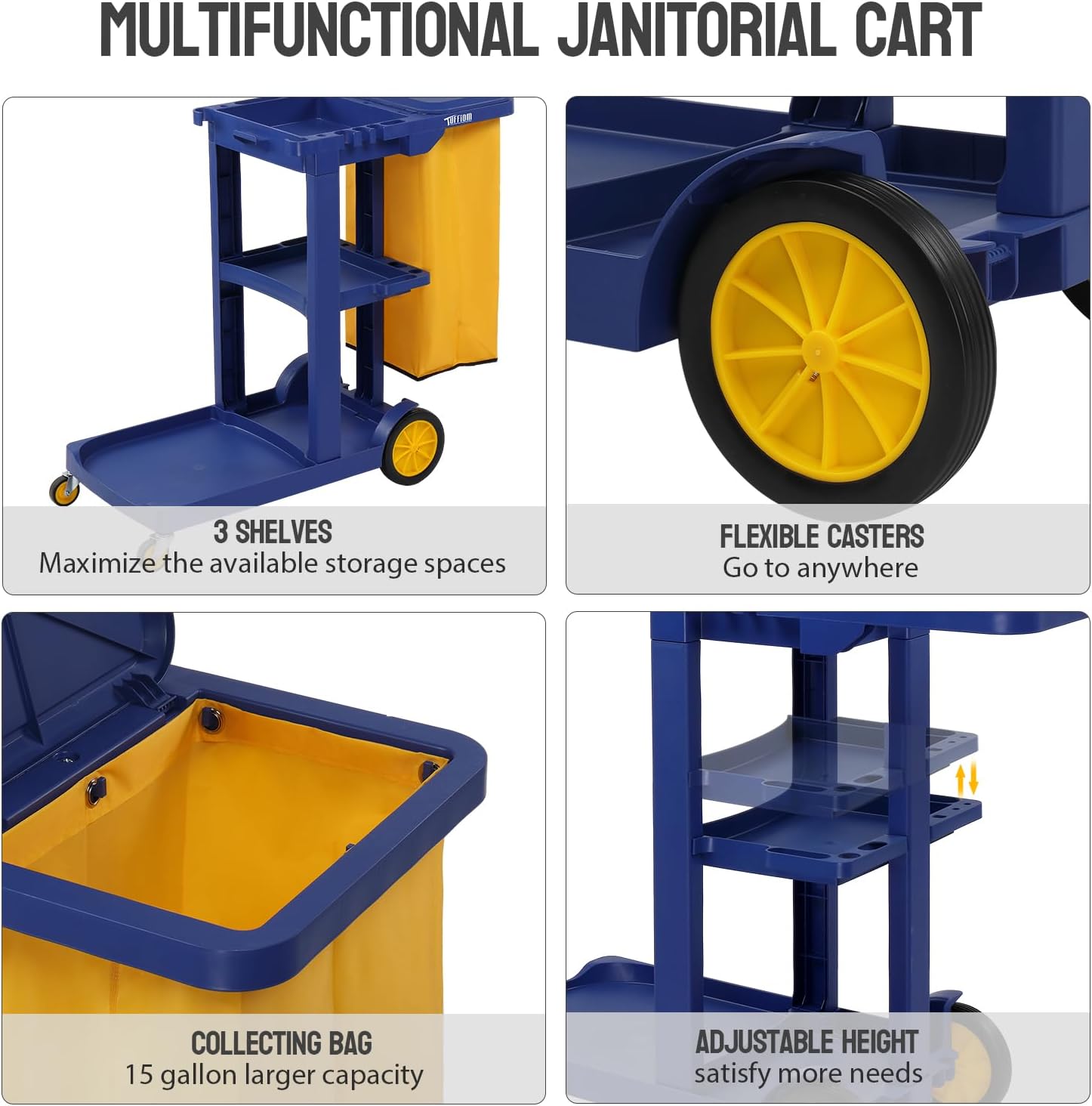 Treelen Commercial Traditional Cleaning 3-Shelf Janitorial Cart, 500 Lbs Capacity Housekeeping Cart, Wheeled with Yellow VinylBag and Cover w Lid, Blue