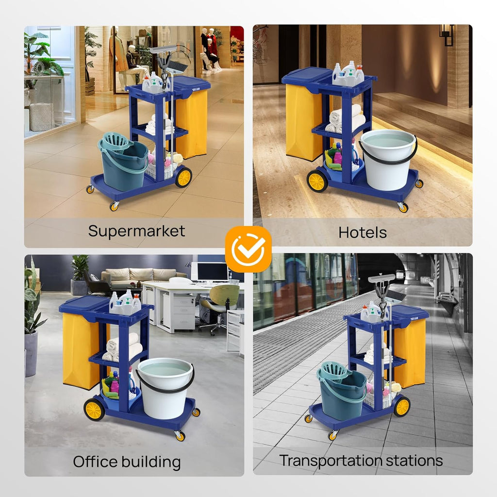 Treelen Commercial Traditional Cleaning 3-Shelf Janitorial Cart, 500 Lbs Capacity Housekeeping Cart, Wheeled with Yellow VinylBag and Cover w Lid, Blue