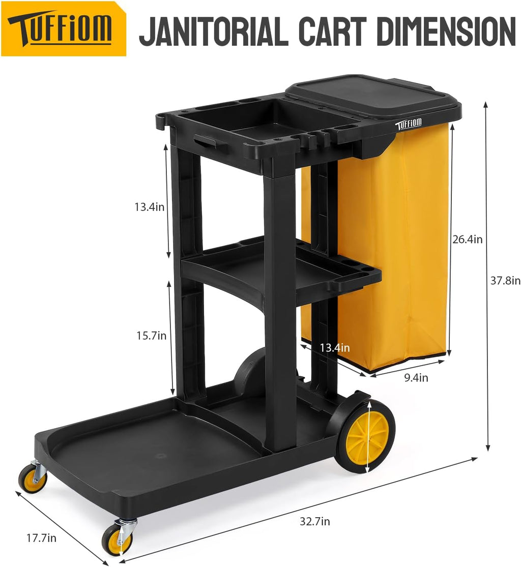 Treelen Commercial Traditional Cleaning 3-Shelf Janitorial Cart, 500 Lbs Capacity Housekeeping Cart, Wheeled with Yellow VinylBag and Cover w Lid, Black