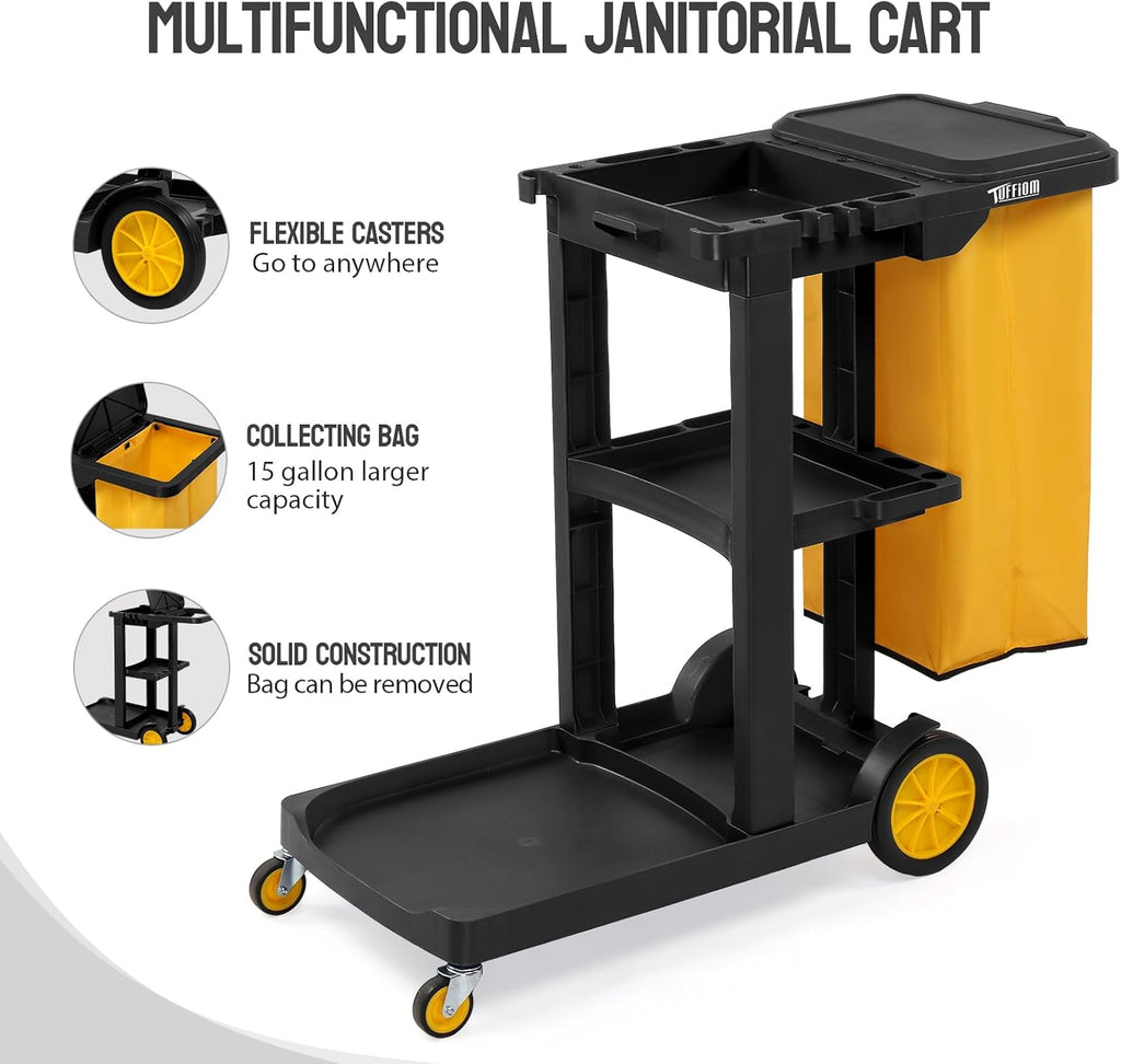 Treelen Commercial Traditional Cleaning 3-Shelf Janitorial Cart, 500 Lbs Capacity Housekeeping Cart, Wheeled with Yellow VinylBag and Cover w Lid, Black