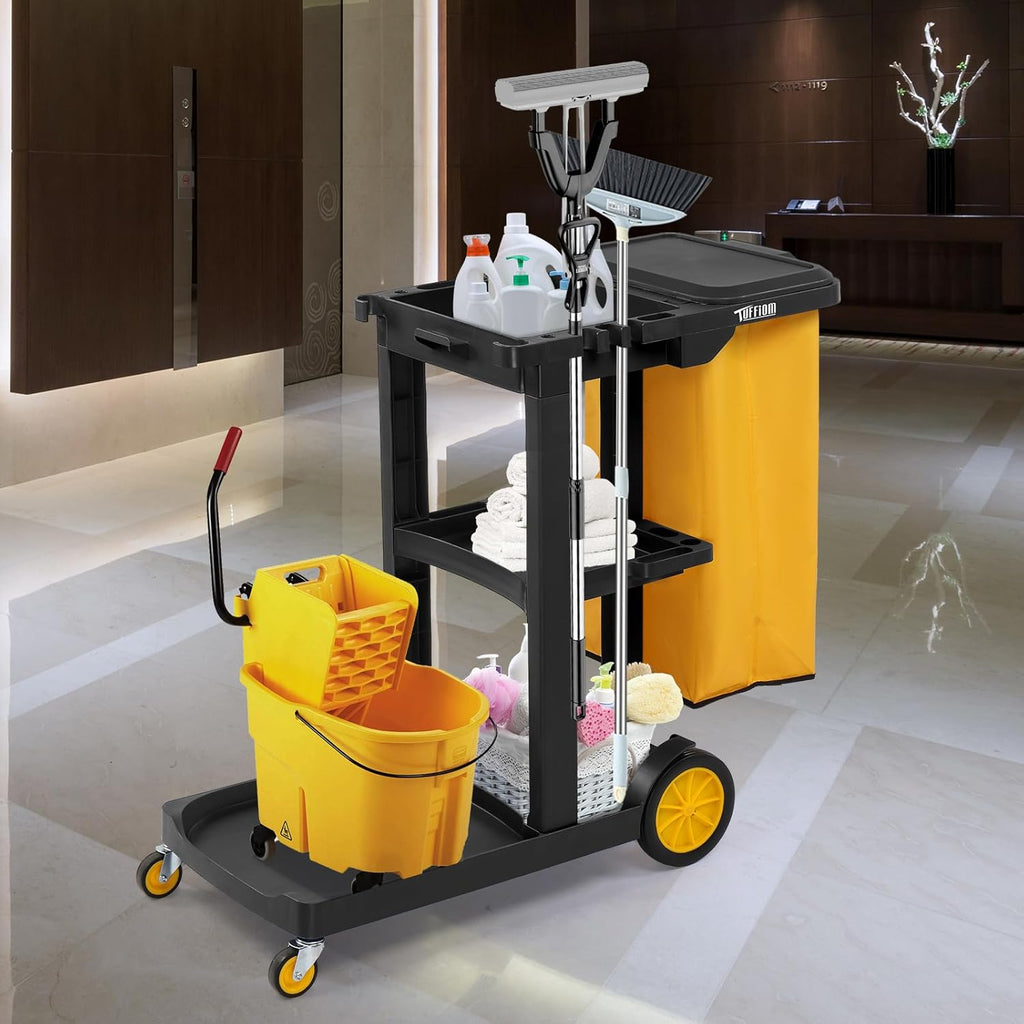 Treelen Commercial Traditional Cleaning 3-Shelf Janitorial Cart, 500 Lbs Capacity Housekeeping Cart, Wheeled with Yellow VinylBag and Cover w Lid, Black