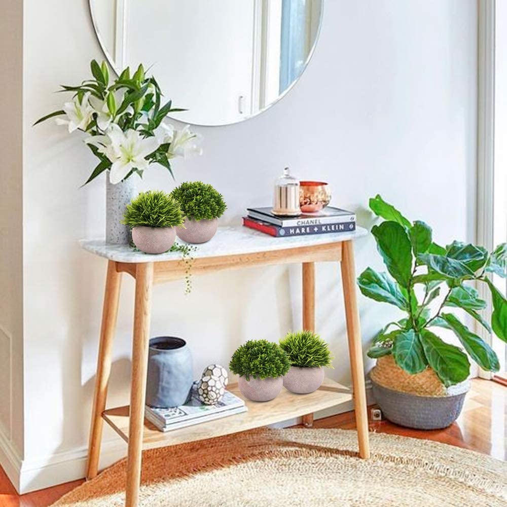 4 Packs Artificial Mini Potted Plants Plastic Faux Topiary Shrubs Fake Plants for Bathroom Home Office Desk Decorations