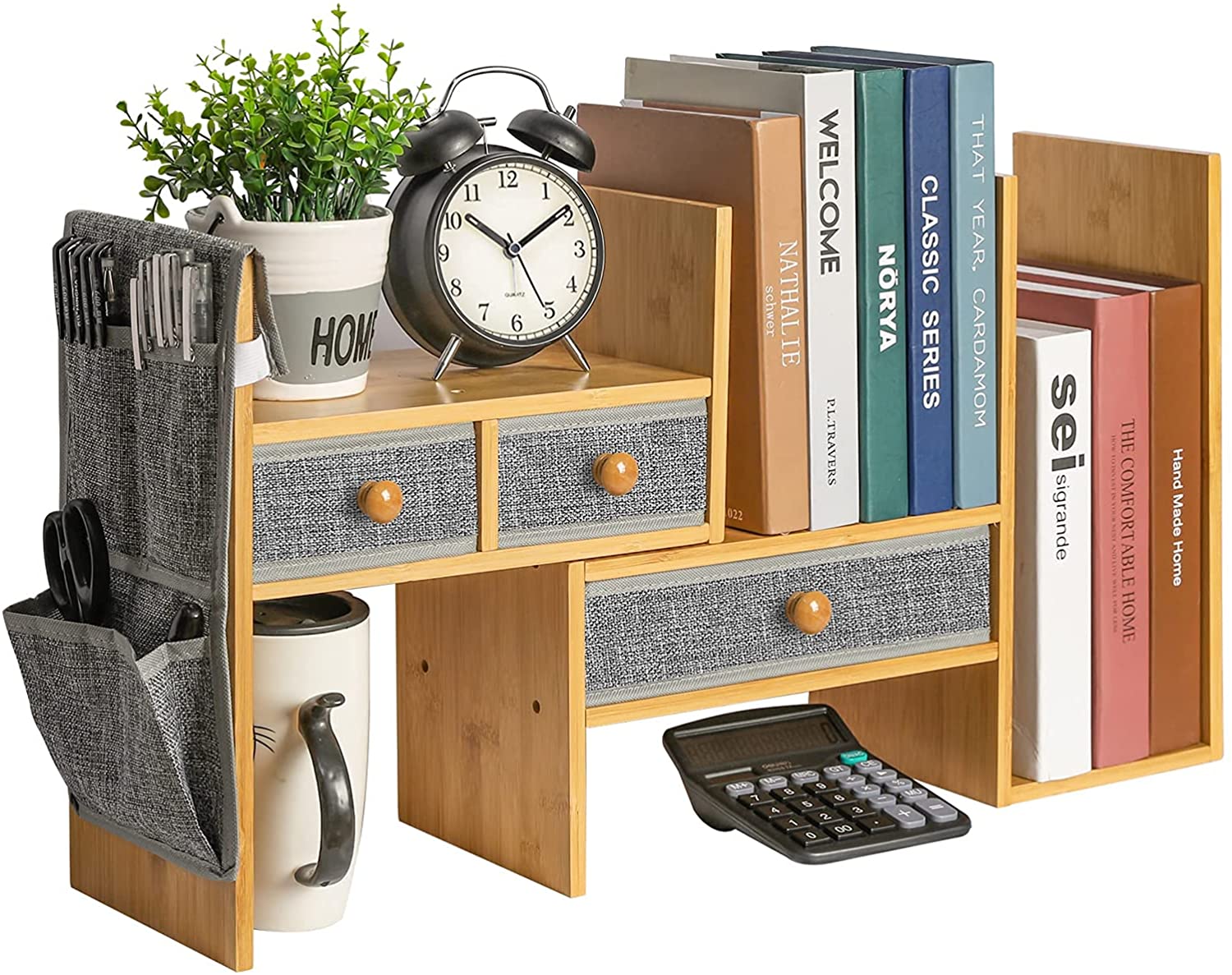Bamboo Expandable Desktop Bookshelf Counter Bookcase Adjustable with Drawers Desktop Shelves Rack Storage Organizer for Office Supplies,Makeup,Bamboo.Petent Pendin