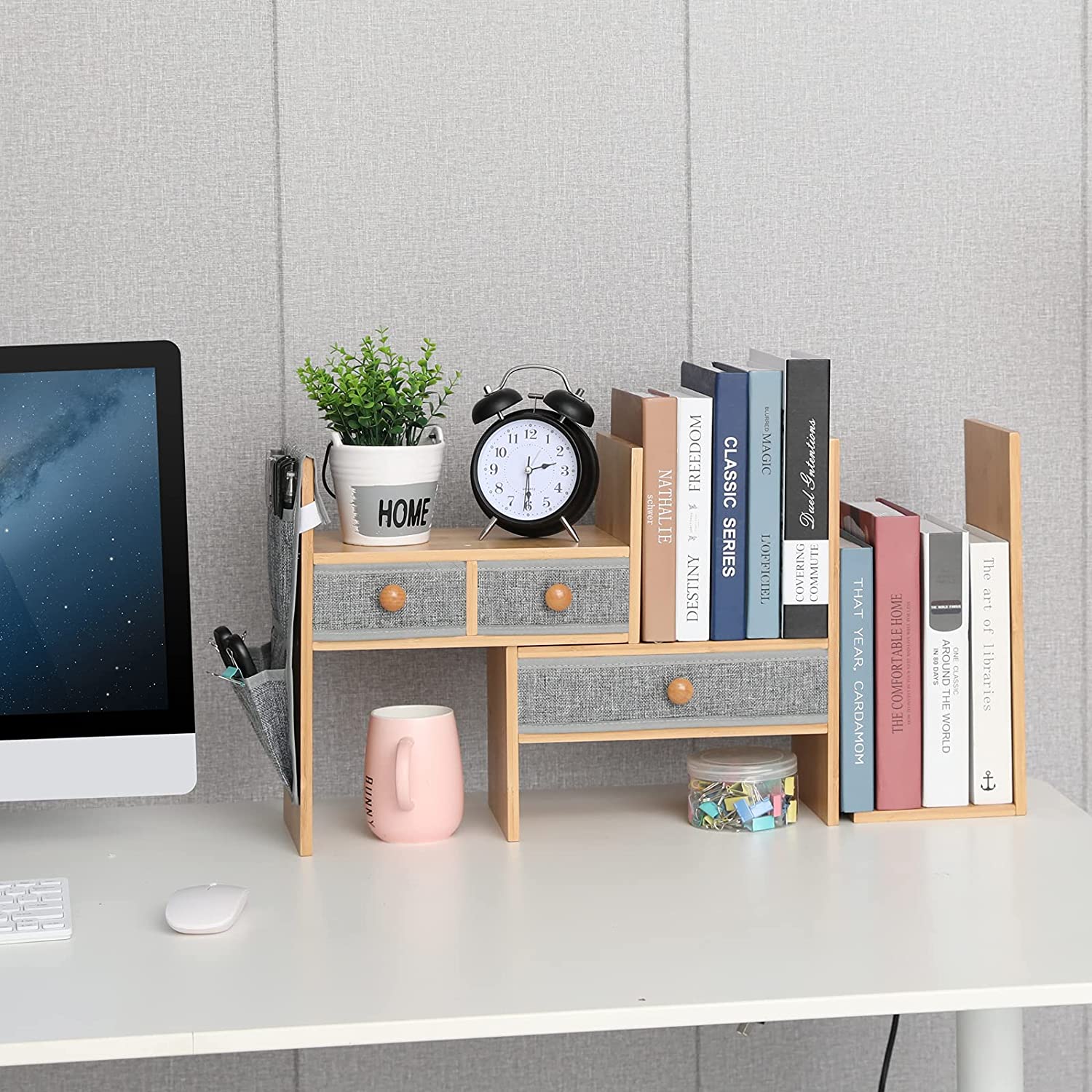 Bamboo Expandable Desktop Bookshelf Counter Bookcase Adjustable with Drawers Desktop Shelves Rack Storage Organizer for Office Supplies,Makeup,Bamboo.Petent Pendin