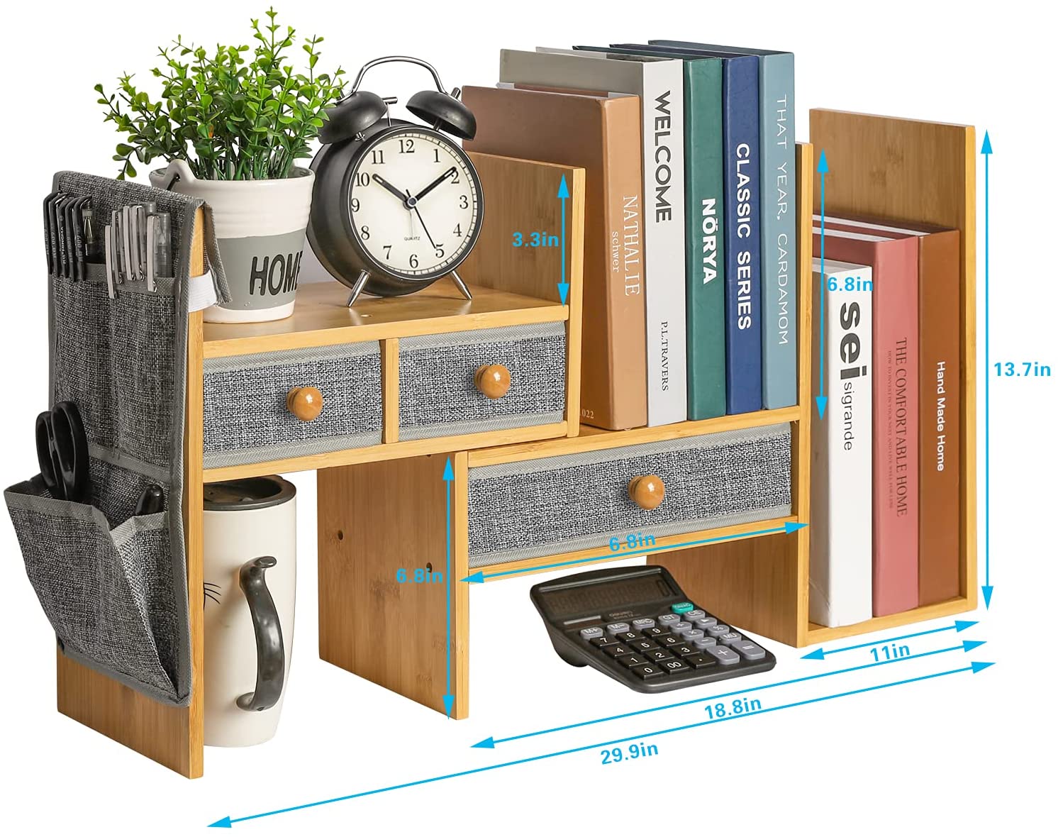 Bamboo Expandable Desktop Bookshelf Counter Bookcase Adjustable with Drawers Desktop Shelves Rack Storage Organizer for Office Supplies,Makeup,Bamboo.Petent Pendin