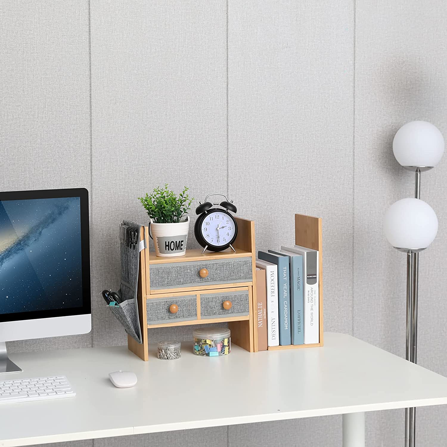 Bamboo Expandable Desktop Bookshelf Counter Bookcase Adjustable with Drawers Desktop Shelves Rack Storage Organizer for Office Supplies,Makeup,Bamboo.Petent Pendin