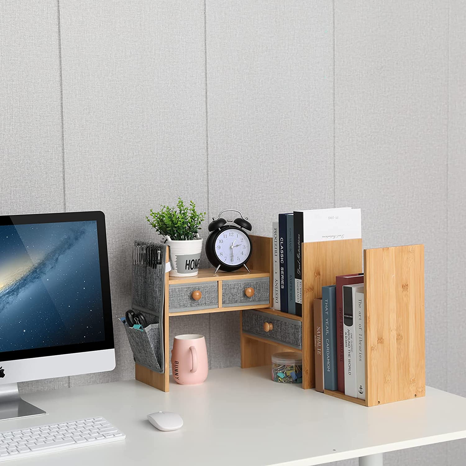 Bamboo Expandable Desktop Bookshelf Counter Bookcase Adjustable with Drawers Desktop Shelves Rack Storage Organizer for Office Supplies,Makeup,Bamboo.Petent Pendin