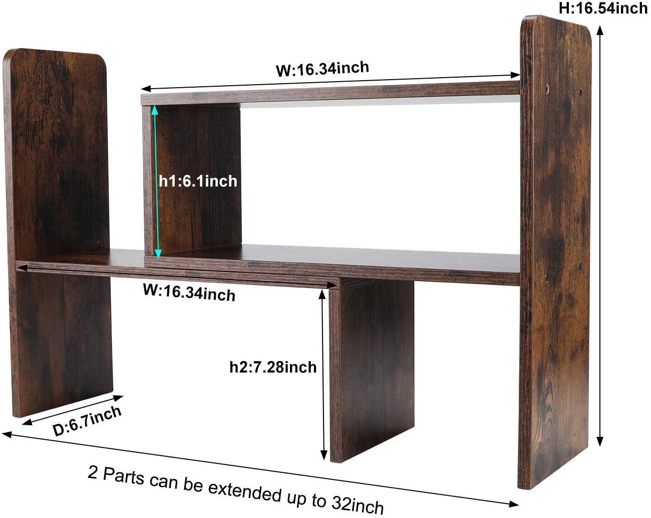 Desktop Bookshelf Adjustable Countertop Bookcase Office Supplies Wood Desk Organizer Accessories Display Rack, Antique Brown