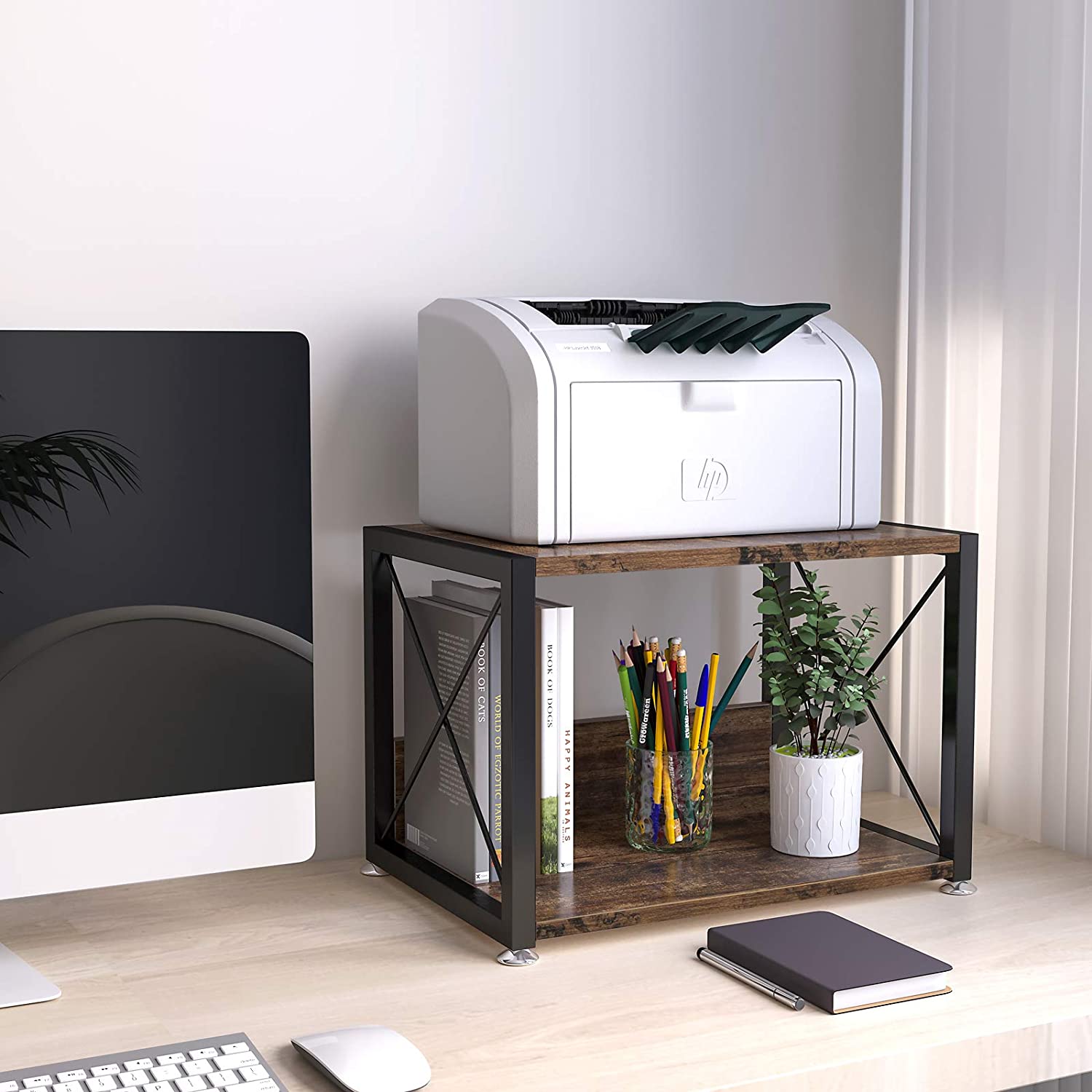 2 Tier Desktop Storage Organizer Shelves, Vintage Office Desk Display Stand for Printers, Fax Machines, Copiers, Books and Office Supplies