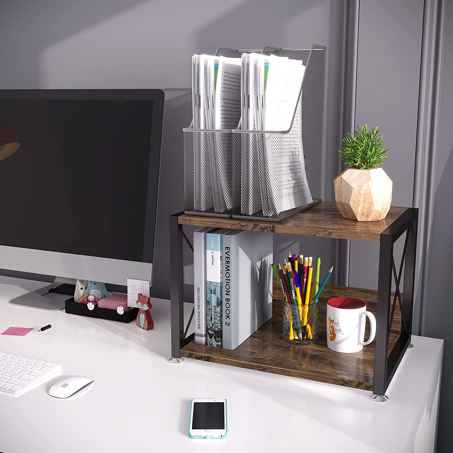 2 Tier Desktop Storage Organizer Shelves, Vintage Office Desk Display Stand for Printers, Fax Machines, Copiers, Books and Office Supplies
