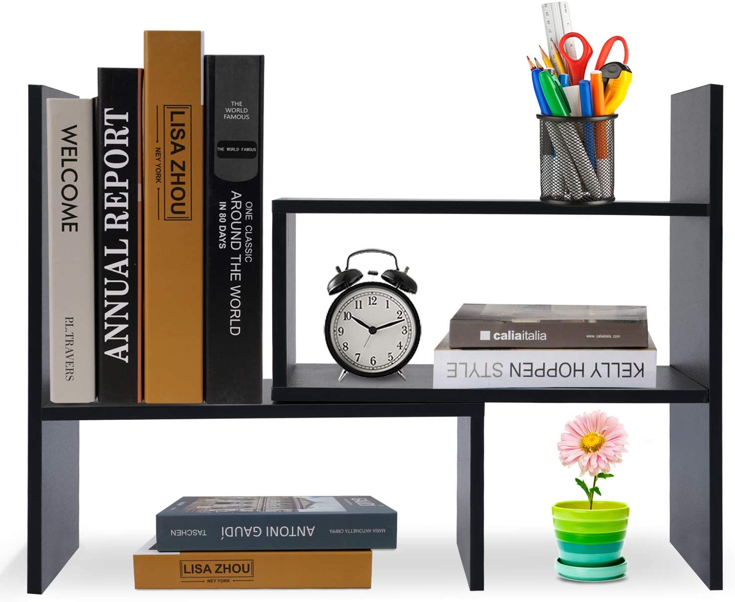 Wood Adjustable Desktop Storage Organizer Display Shelf Rack, Office Supplies Desk Organizer,Black