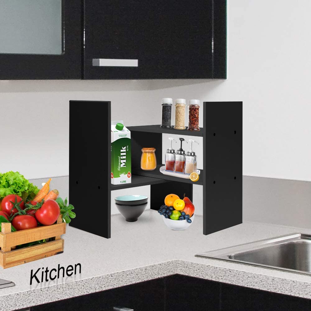 Wood Adjustable Desktop Storage Organizer Display Shelf Rack, Office Supplies Desk Organizer,Black