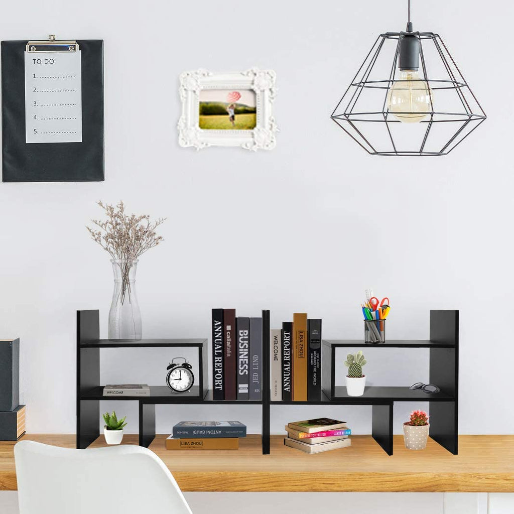 Wood Adjustable Desktop Storage Organizer Display Shelf Rack, Office Supplies Desk Organizer,Black