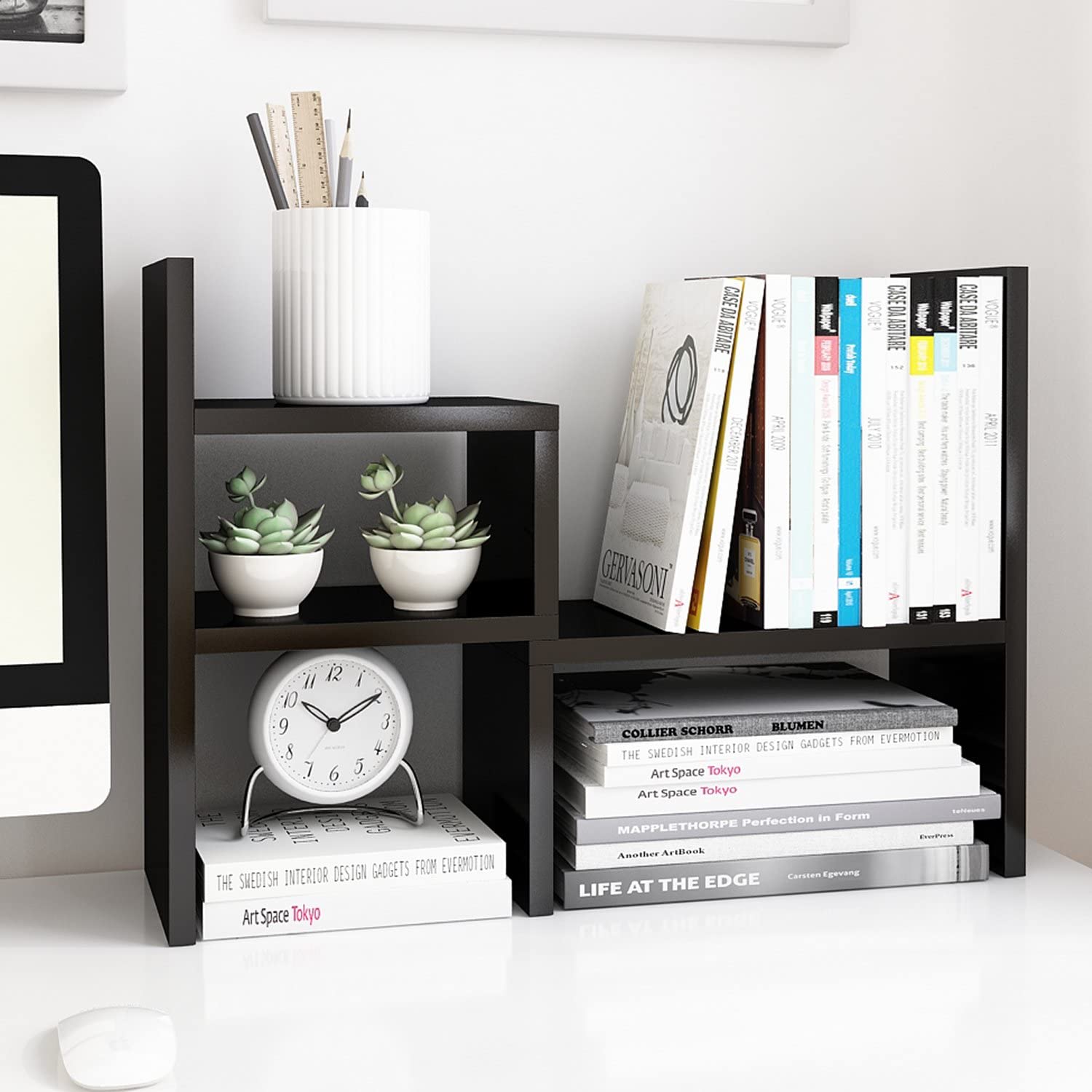 Desktop Organizer Office Storage Rack Adjustable Wood Display Shelf | Birthday Gifts - Toy - Home Decor | - Free Style Rotation Display - True Natural Stand Shelf Black