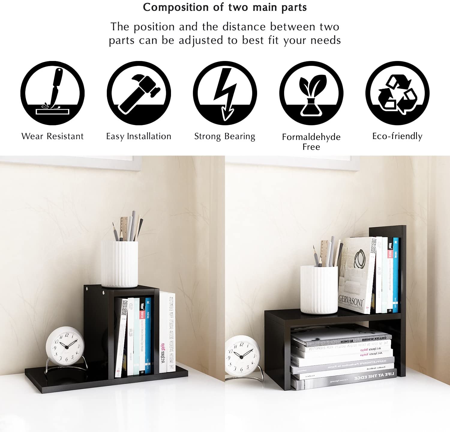 Desktop Organizer Office Storage Rack Adjustable Wood Display Shelf | Birthday Gifts - Toy - Home Decor | - Free Style Rotation Display - True Natural Stand Shelf Black