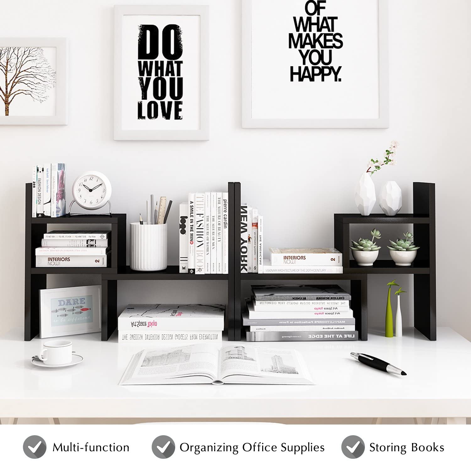 Desktop Organizer Office Storage Rack Adjustable Wood Display Shelf | Birthday Gifts - Toy - Home Decor | - Free Style Rotation Display - True Natural Stand Shelf Black