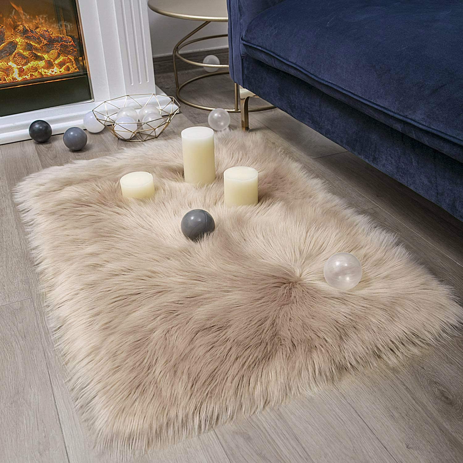 Ashler Faux Fur Beige Rectangle Area Rug Indoor Ultra Soft Fluffy Bedroom Floor Sofa Living Room 2 x 3 Feet