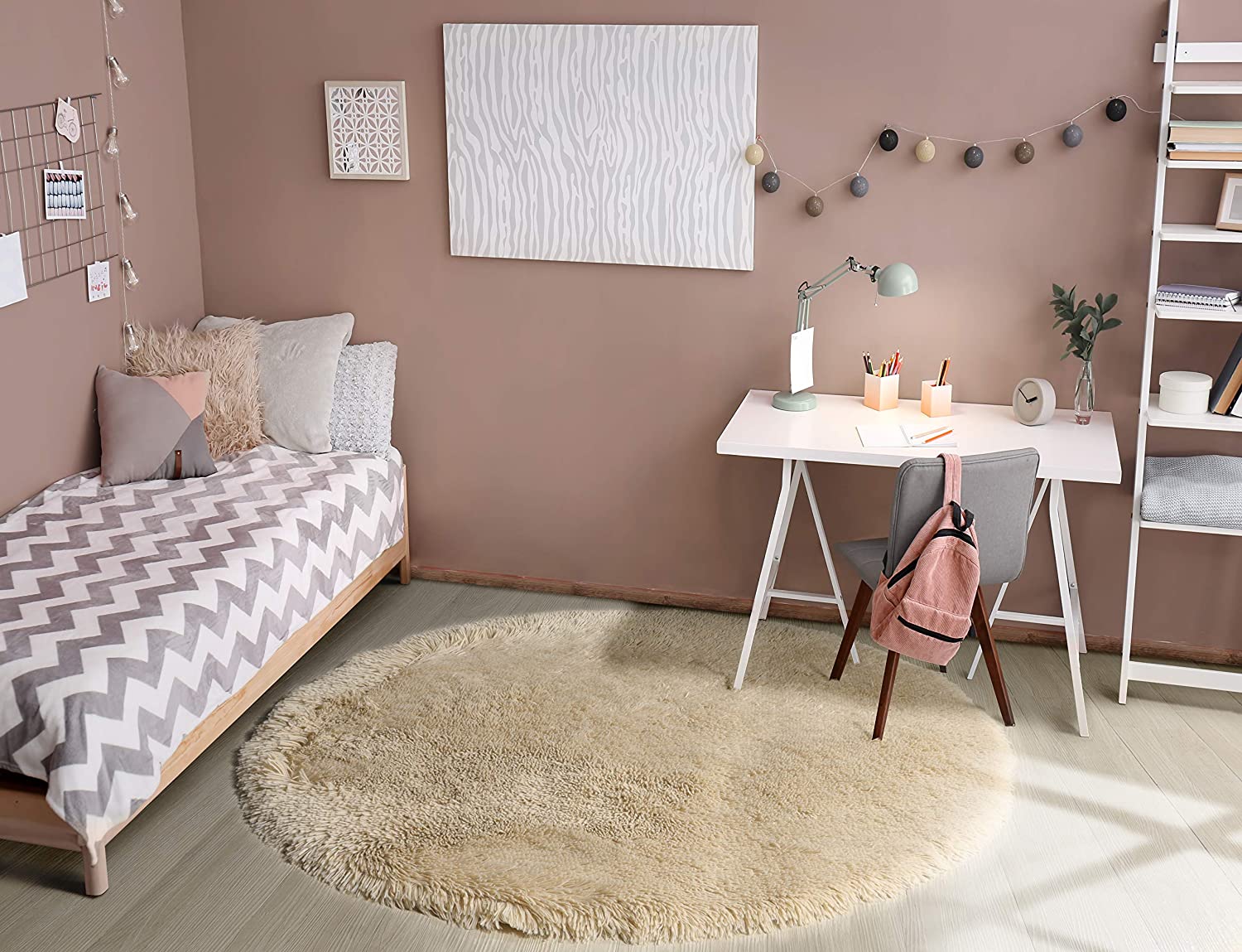 Beige Round Rug for Bedroom,Fluffy Circle Rug for Kids Room,Furry Carpet for Teen's Room,Shaggy Circular Rug for Nursery Room
