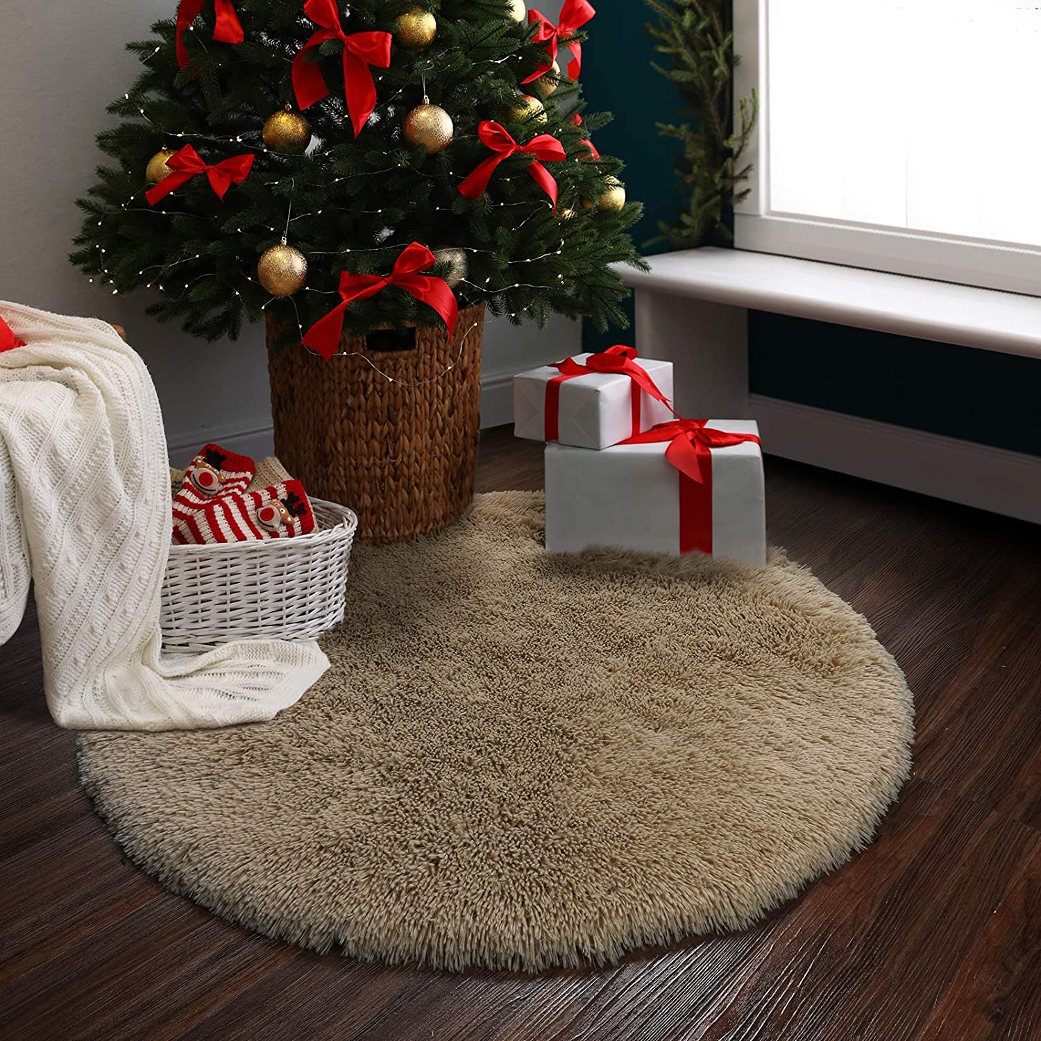 Beige Round Rug for Bedroom,Fluffy Circle Rug for Kids Room,Furry Carpet for Teen's Room,Shaggy Circular Rug for Nursery Room
