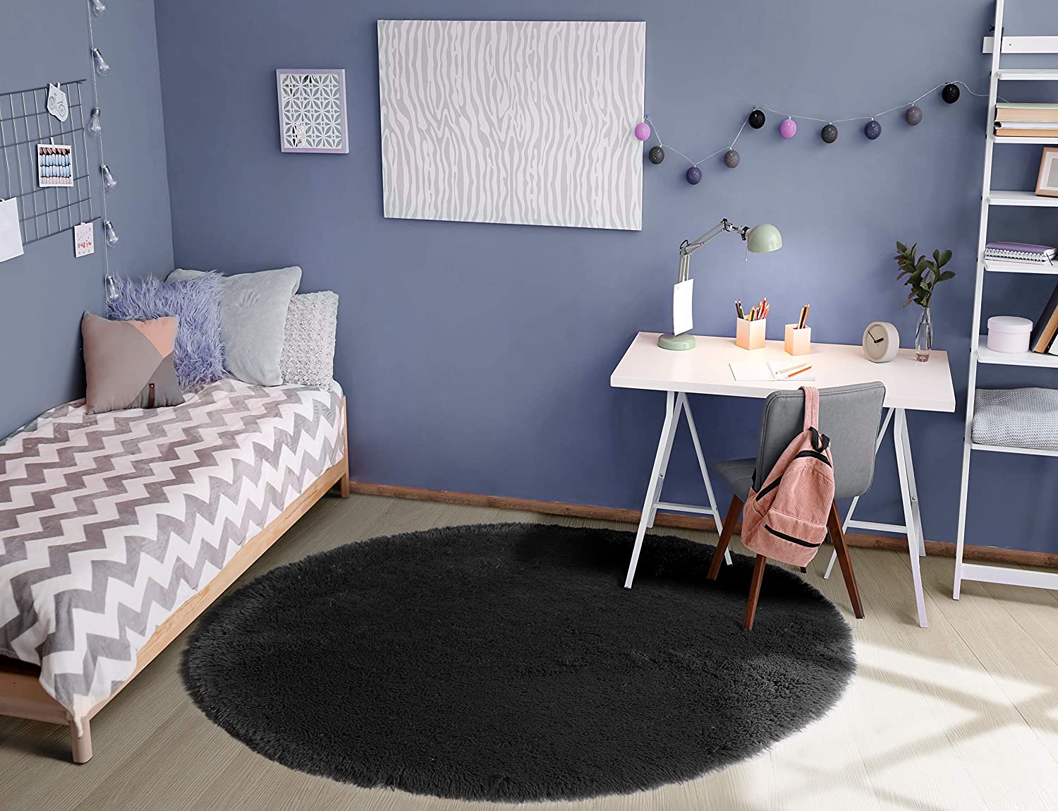 Black Round Rug for Bedroom,Fluffy Circle Rug for Kids Room,Furry Carpet for Teen's Room,Shaggy Circular Rug for Nursery Room