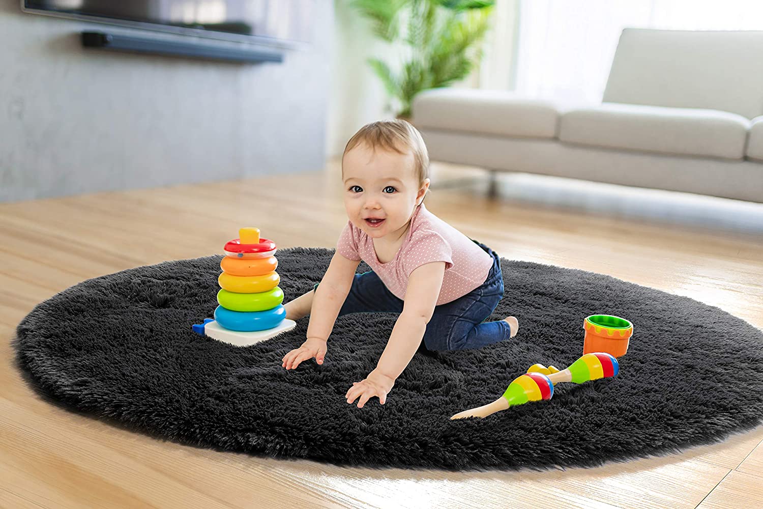 Black Round Rug for Bedroom,Fluffy Circle Rug for Kids Room,Furry Carpet for Teen's Room,Shaggy Circular Rug for Nursery Room