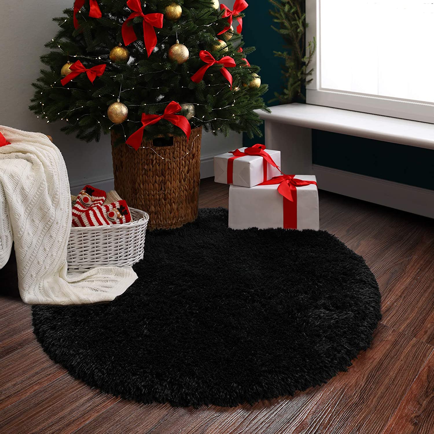 Black Round Rug for Bedroom,Fluffy Circle Rug for Kids Room,Furry Carpet for Teen's Room,Shaggy Circular Rug for Nursery Room
