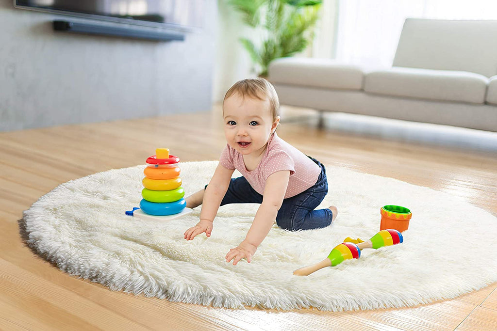 Ivory Round Rug for Bedroom,Fluffy Circle Rug for Kids Room,Furry Carpet for Teen's Room,Shaggy Circular Rug for Nursery Room
