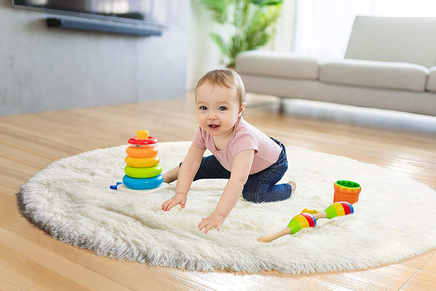 Ivory Round Rug for Bedroom,Fluffy Circle Rug for Kids Room,Furry Carpet for Teen's Room,Shaggy Circular Rug for Nursery Room
