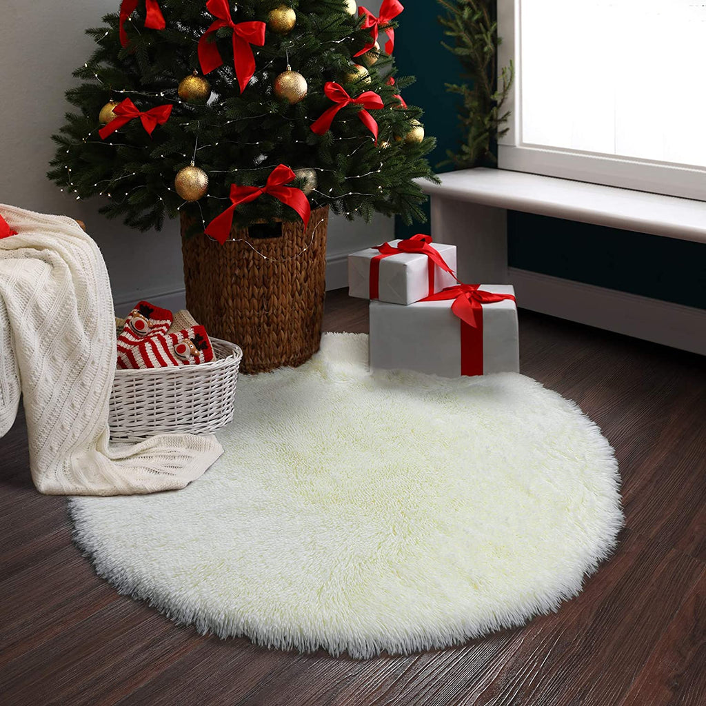 Ivory Round Rug for Bedroom,Fluffy Circle Rug for Kids Room,Furry Carpet for Teen's Room,Shaggy Circular Rug for Nursery Room
