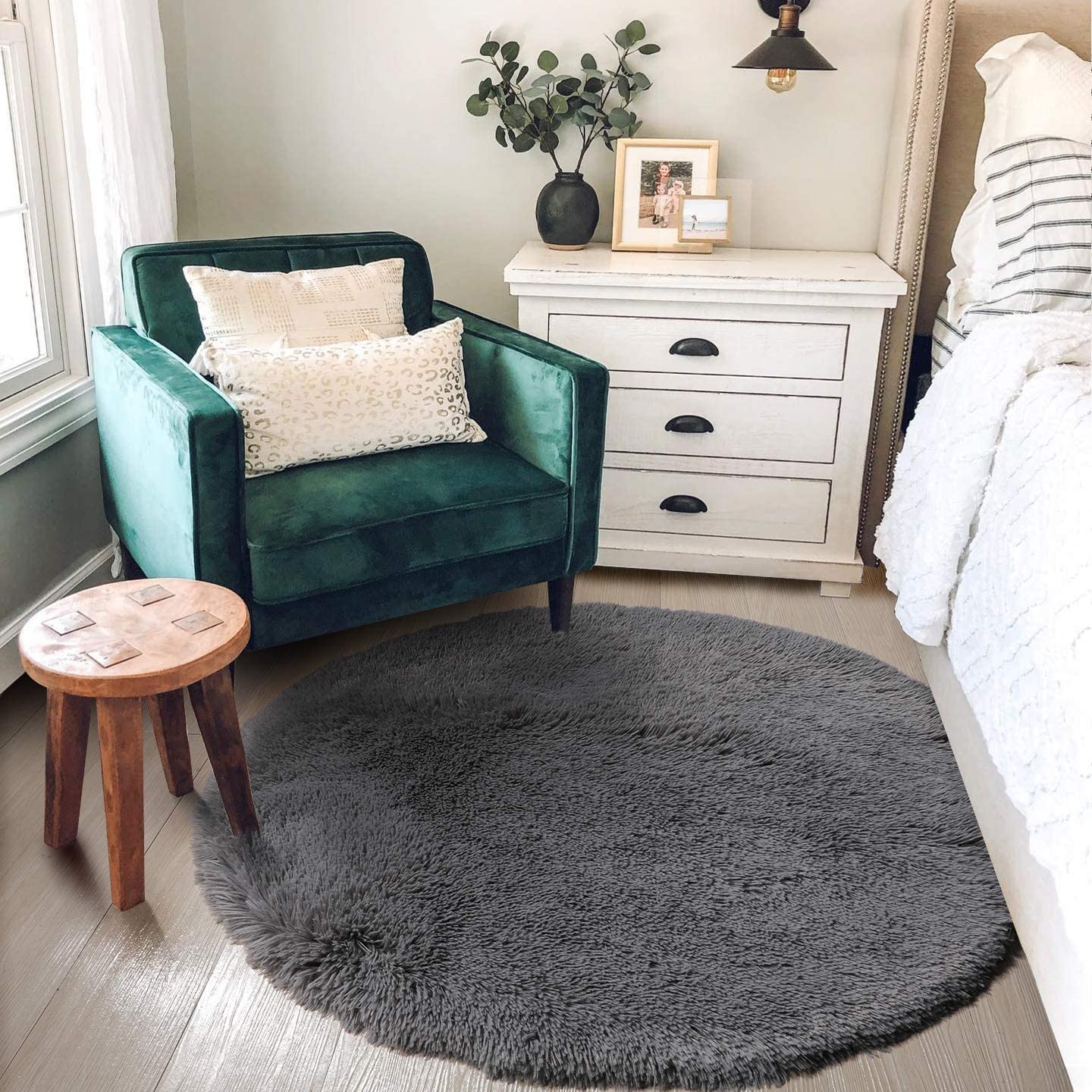 Gray Round Rug for Bedroom,Fluffy Circle Rug for Kids Room,Furry Carpet for Teen's Room,Shaggy Circular Rug for Nursery Room