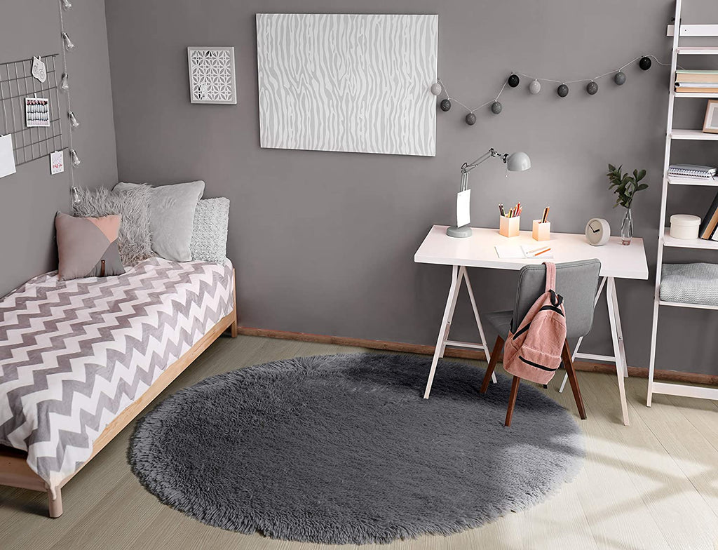 Gray Round Rug for Bedroom,Fluffy Circle Rug for Kids Room,Furry Carpet for Teen's Room,Shaggy Circular Rug for Nursery Room