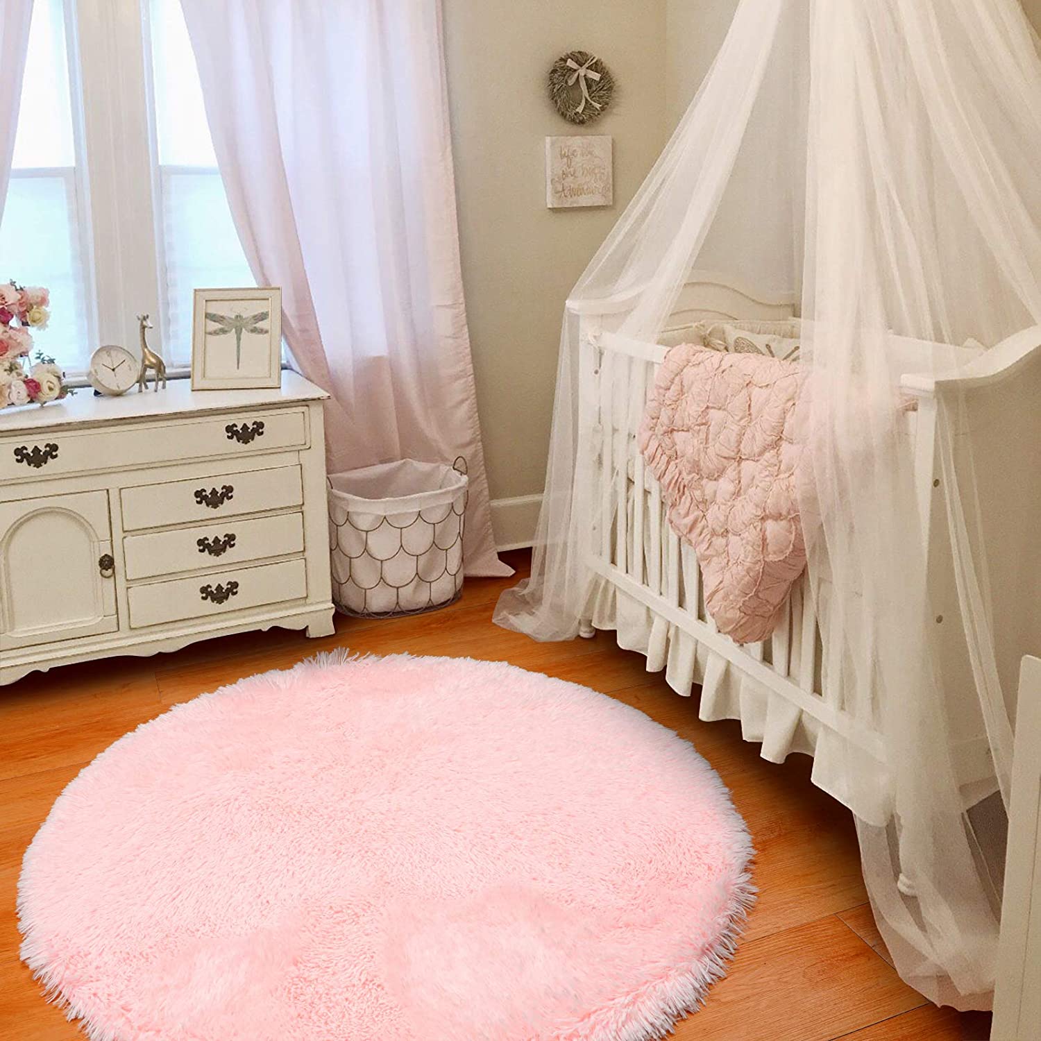 Pink Round Rug for Girls Bedroom,Fluffy Circle Rug for Kids Room,Furry Carpet for Teen Girls Room