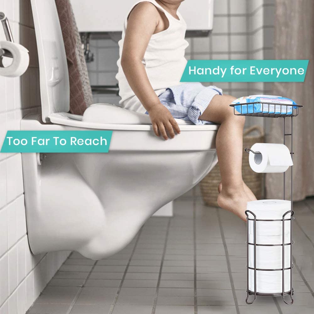 Toilet Paper Holder Stand Tissue Paper Roll Dispenser with Shelf for Bathroom Storage Holds Reserve Mega Rolls-Bronze