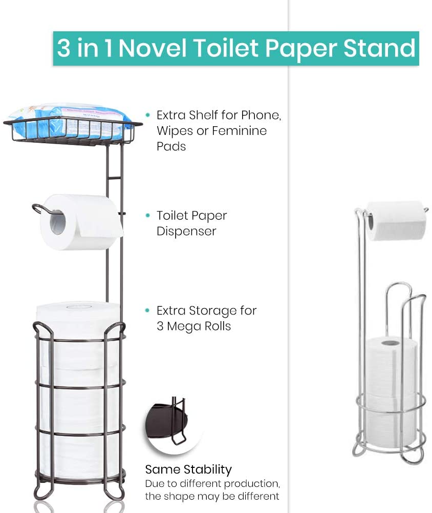 Toilet Paper Holder Stand Tissue Paper Roll Dispenser with Shelf for Bathroom Storage Holds Reserve Mega Rolls-Bronze