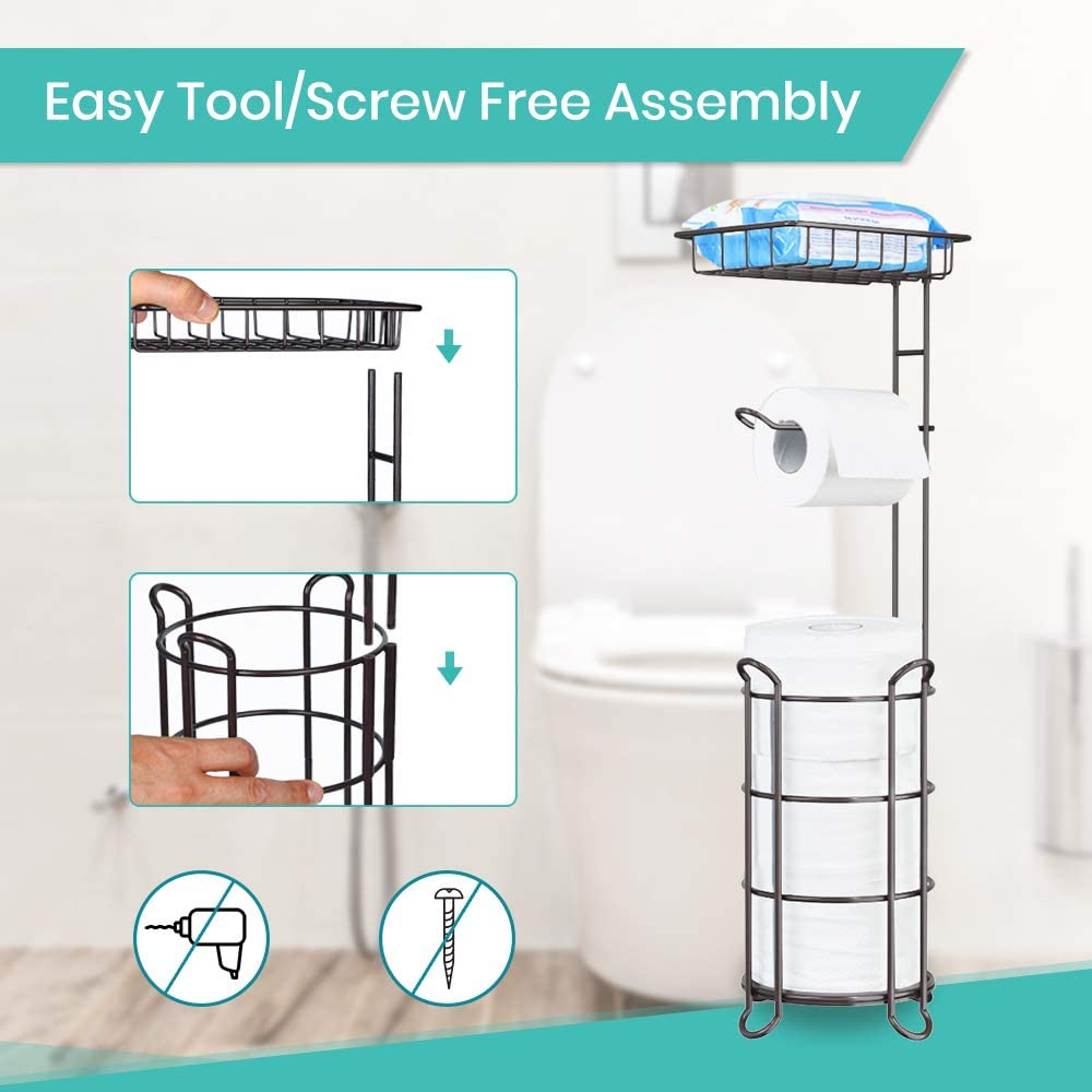 Toilet Paper Holder Stand Tissue Paper Roll Dispenser with Shelf for Bathroom Storage Holds Reserve Mega Rolls-Bronze