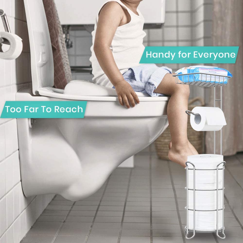 Toilet Paper Holder Stand Bathroom Tissue Dispenser Holders Rack Free Standing with Extra Shelf Storage Mega Rolls/Phone/Wipe - Light Gray